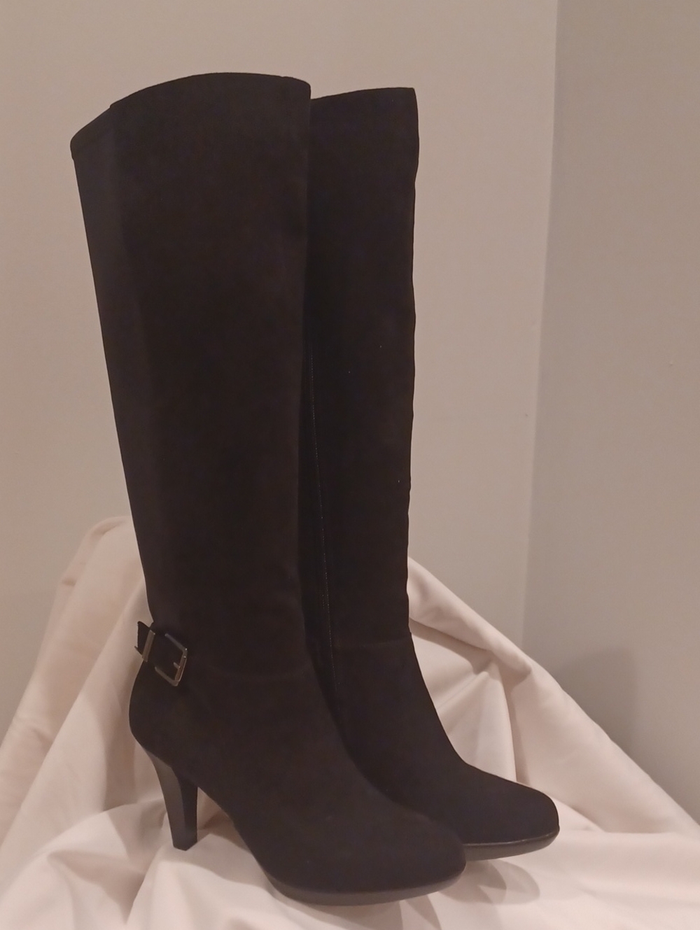 ALFANI Women's Knee Black Suede-Look Boots with Buckle Detail